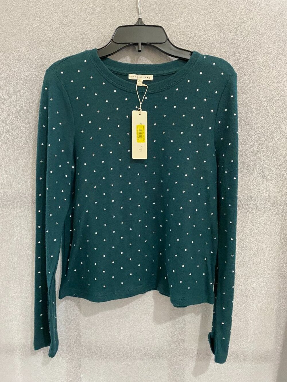 NWT Copper Key Girls Teal Rhinestone Long Sleeve Top Size L 12/14 Sparkle Tee